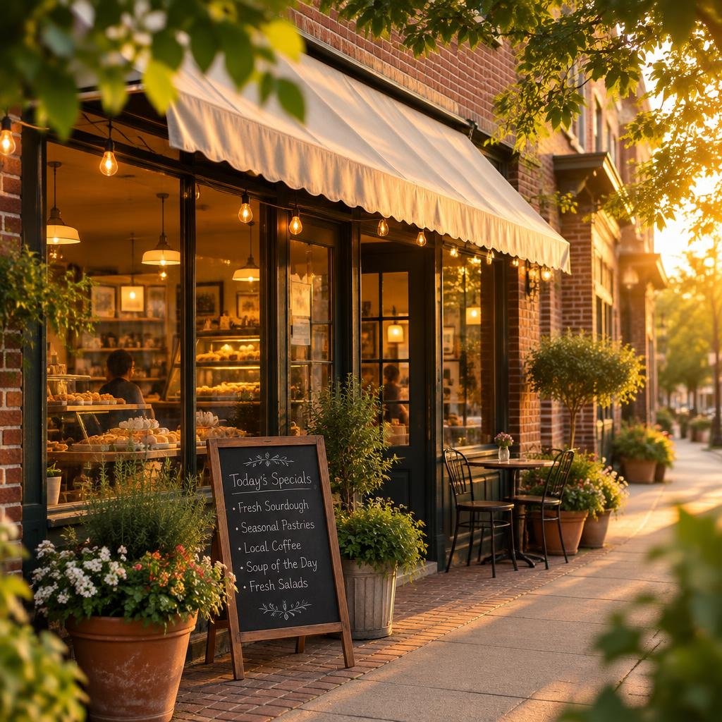 A warm, glowing neighborhood café and bakery storefront at golden hour
